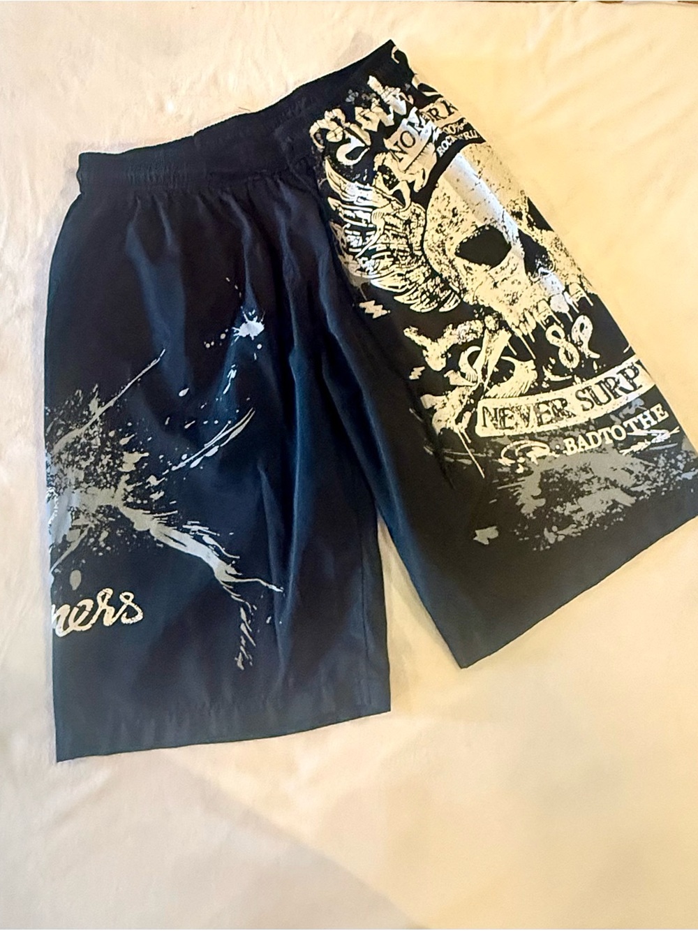 Mi Black Athletic Shorts with White Skull Graphic